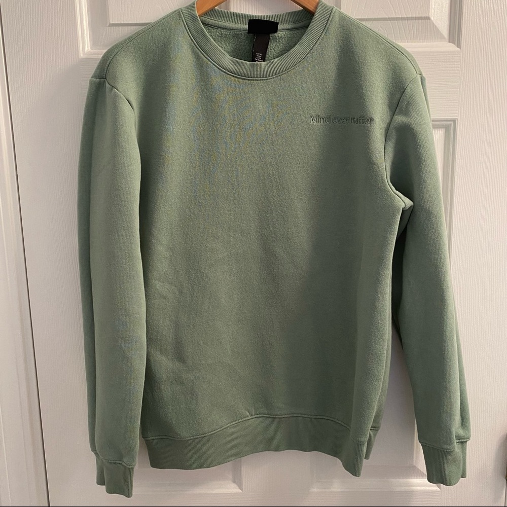 Womens h&m XS green Pull Over Sweatshirt Embroidered Mind Over Matter